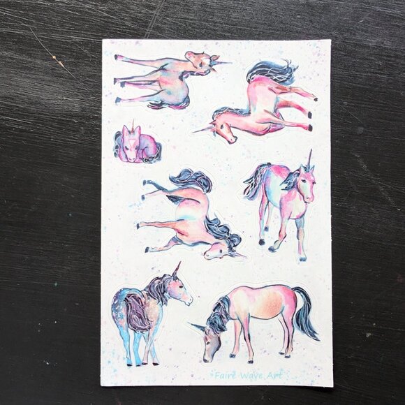 4x6 Watercolor Art Galaxy Speckled Unicorns Sticker Sheet - pink teal blue - Picture 1 of 6
